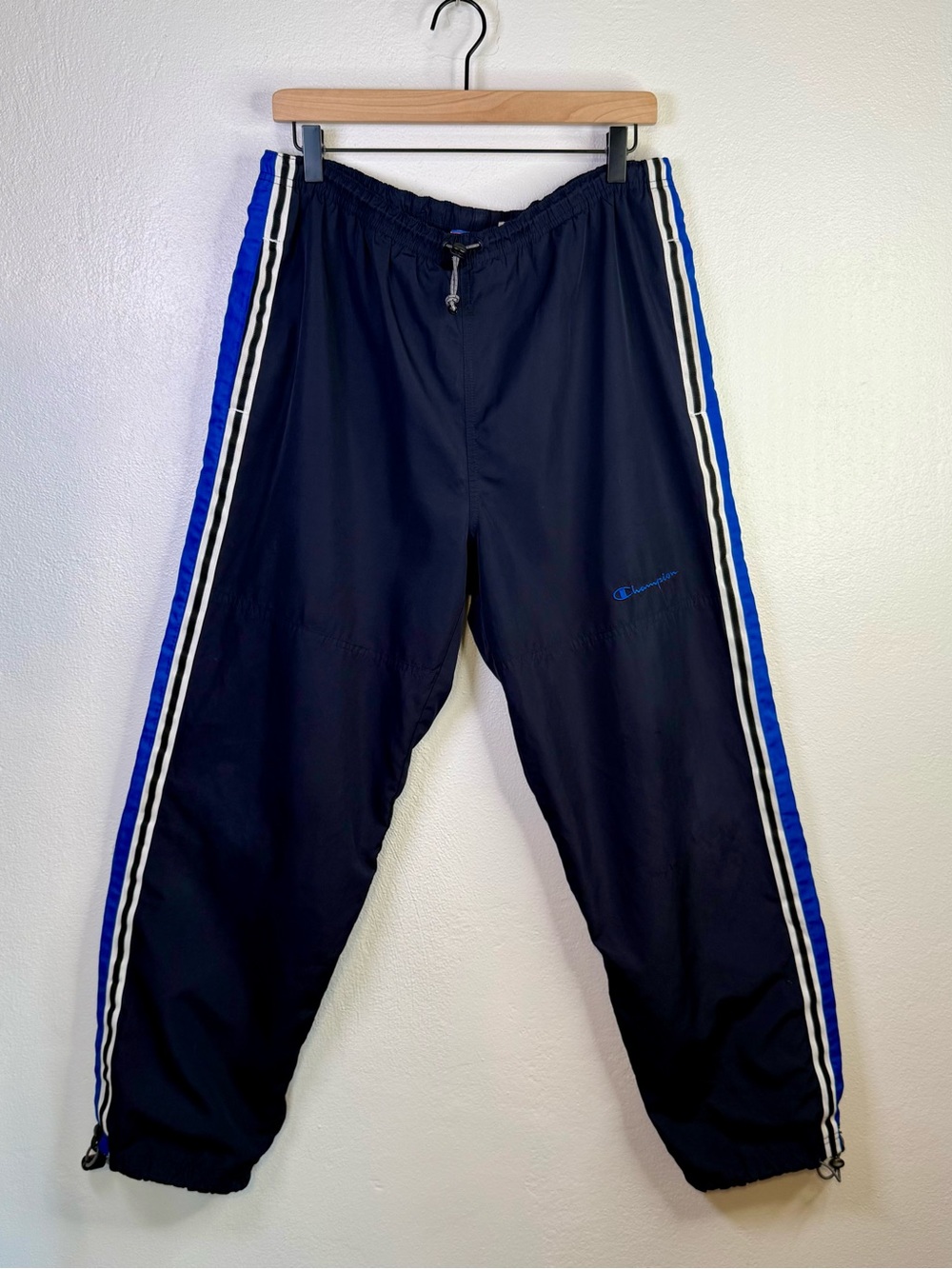 VTG 90s Champion Nylon Track Pants Baggy Windbreaker Navy Blue Striped Size Med.
